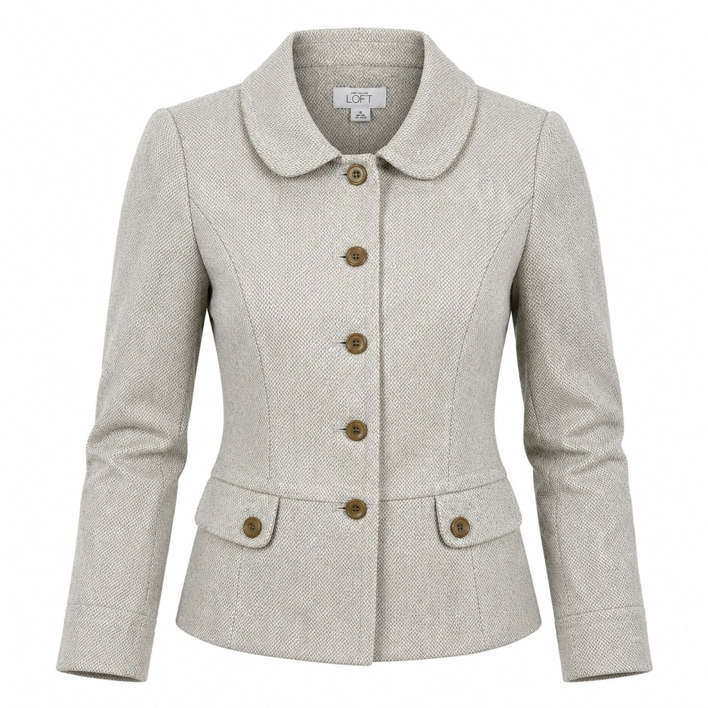 Ann Taylor LOFT Womens Blazer 8 Wool Tan Herringbone Peplum Preppy Academia Fall